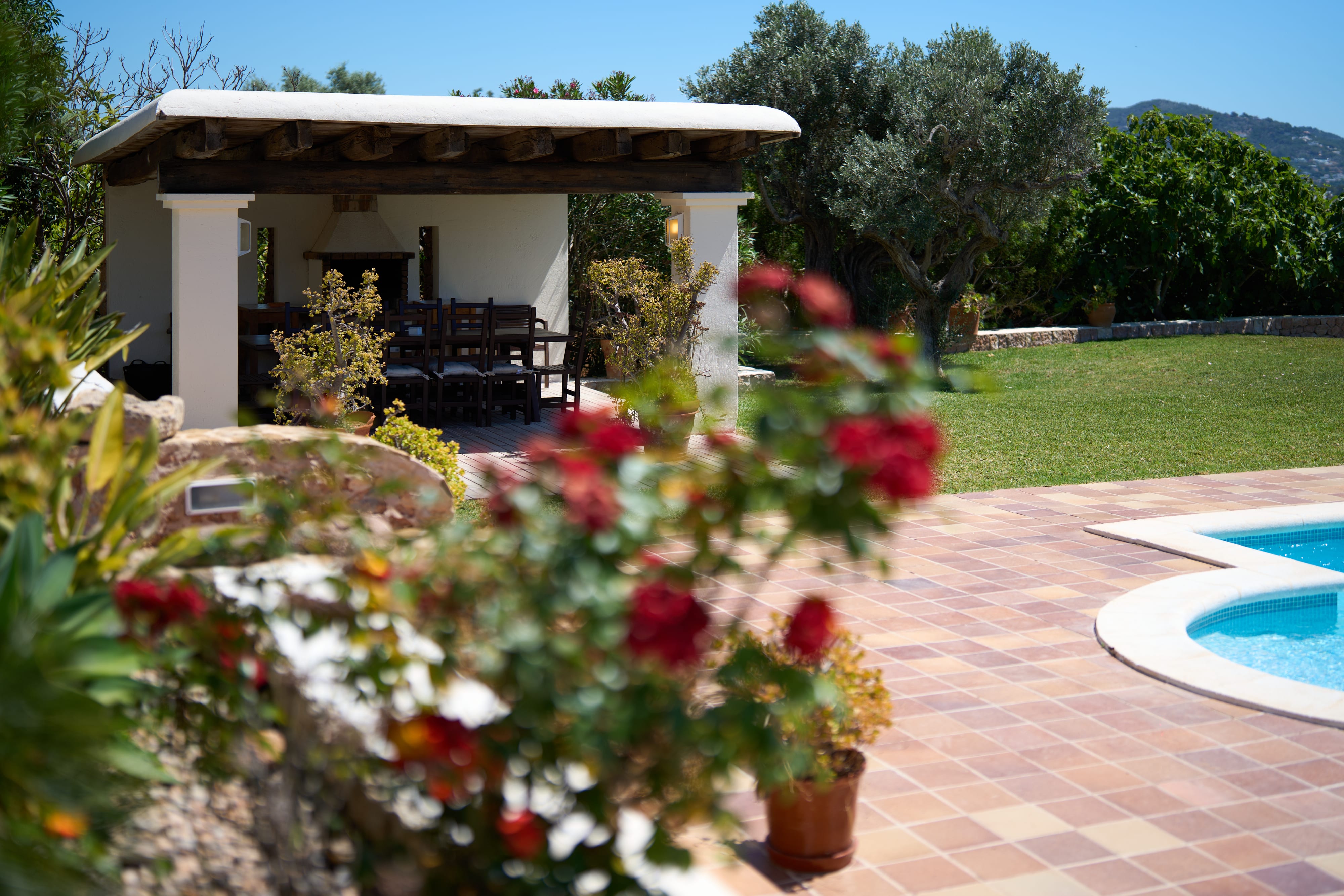 Jardín con flores rojas y piscina